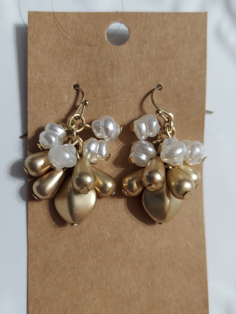 Polished Gold Tone/Faux Pearl & Golden Drop Charm Cluster Earrings